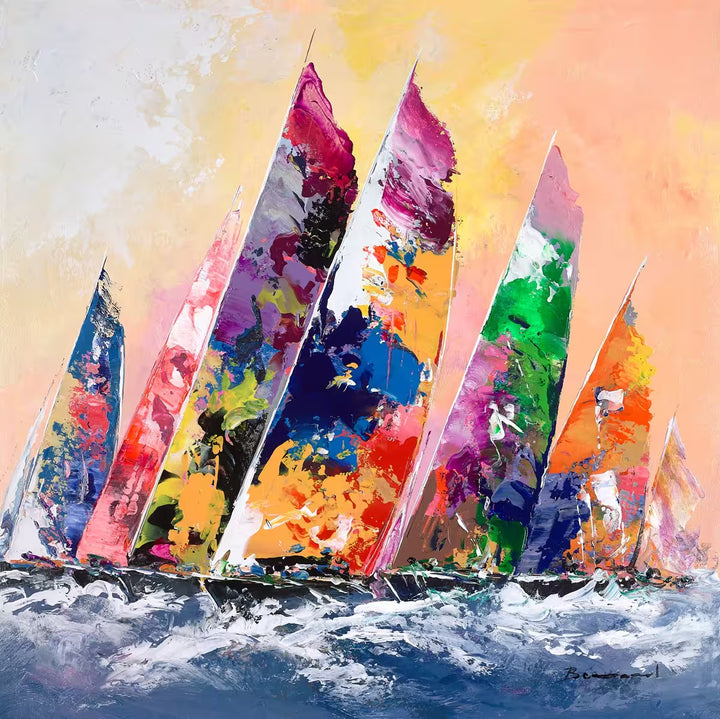 A Bernard original of colourful sailing boats against a yellow sunny background, the title is Sailing in Sunshine III 