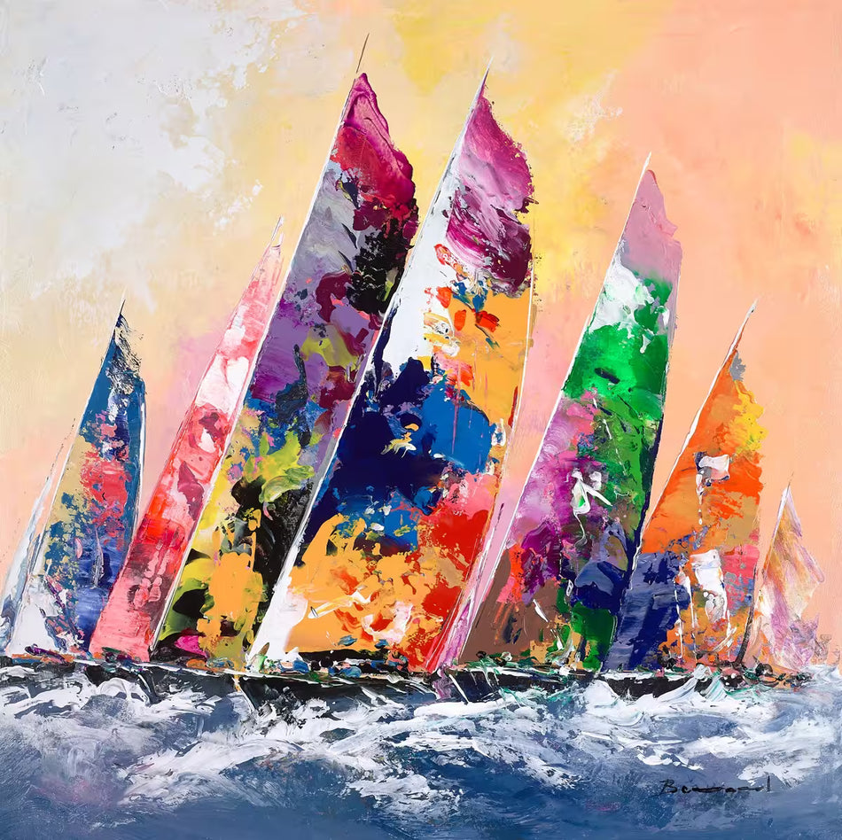 A Bernard original of colourful sailing boats against a yellow sunny background, the title is Sailing in Sunshine III 