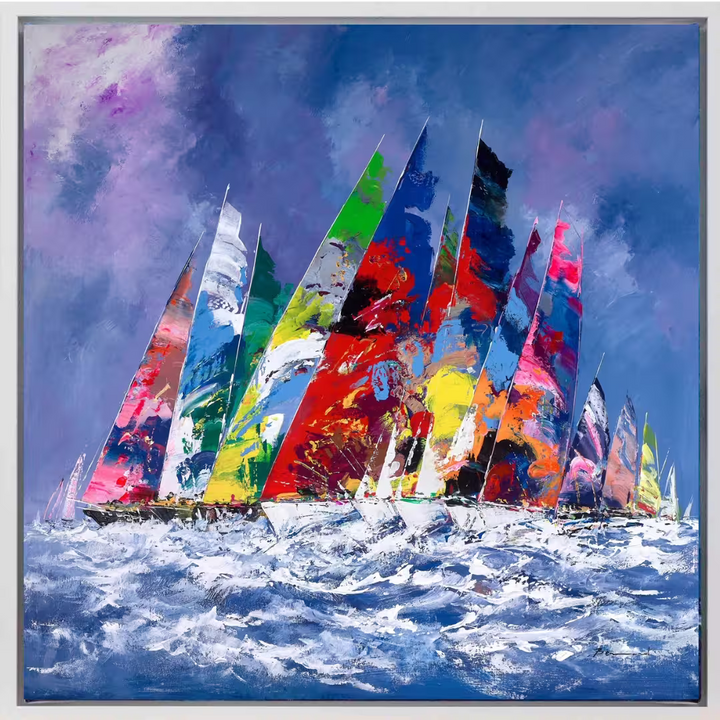 A Bernard original of some colorful sailing boats against a blue dusky sky, the title is Sailing in Sunshine VI