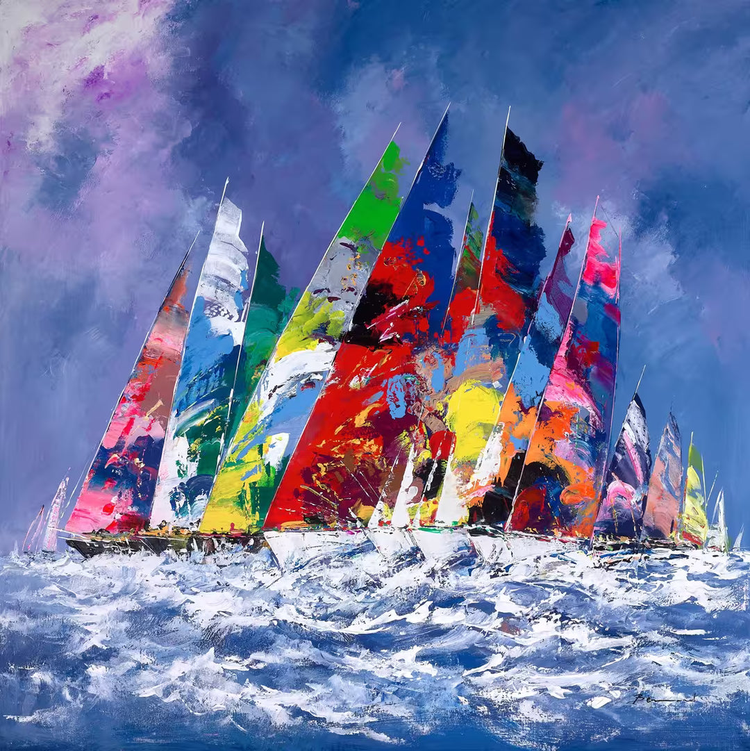 A Bernard original of some colorful sailing boats against a blue dusky sky, the title is Sailing in Sunshine VI