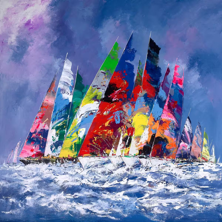 A Bernard original of some colorful sailing boats against a blue dusky sky, the title is Sailing in Sunshine VI