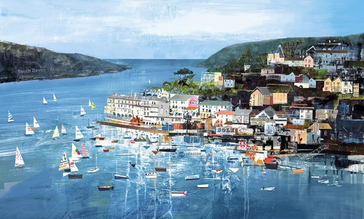 A Tom Butler limited edition collage of Salcombe, it shows the coastline with lots of sailing boats scattered across and buildings behind, the title is Salcombe Sails