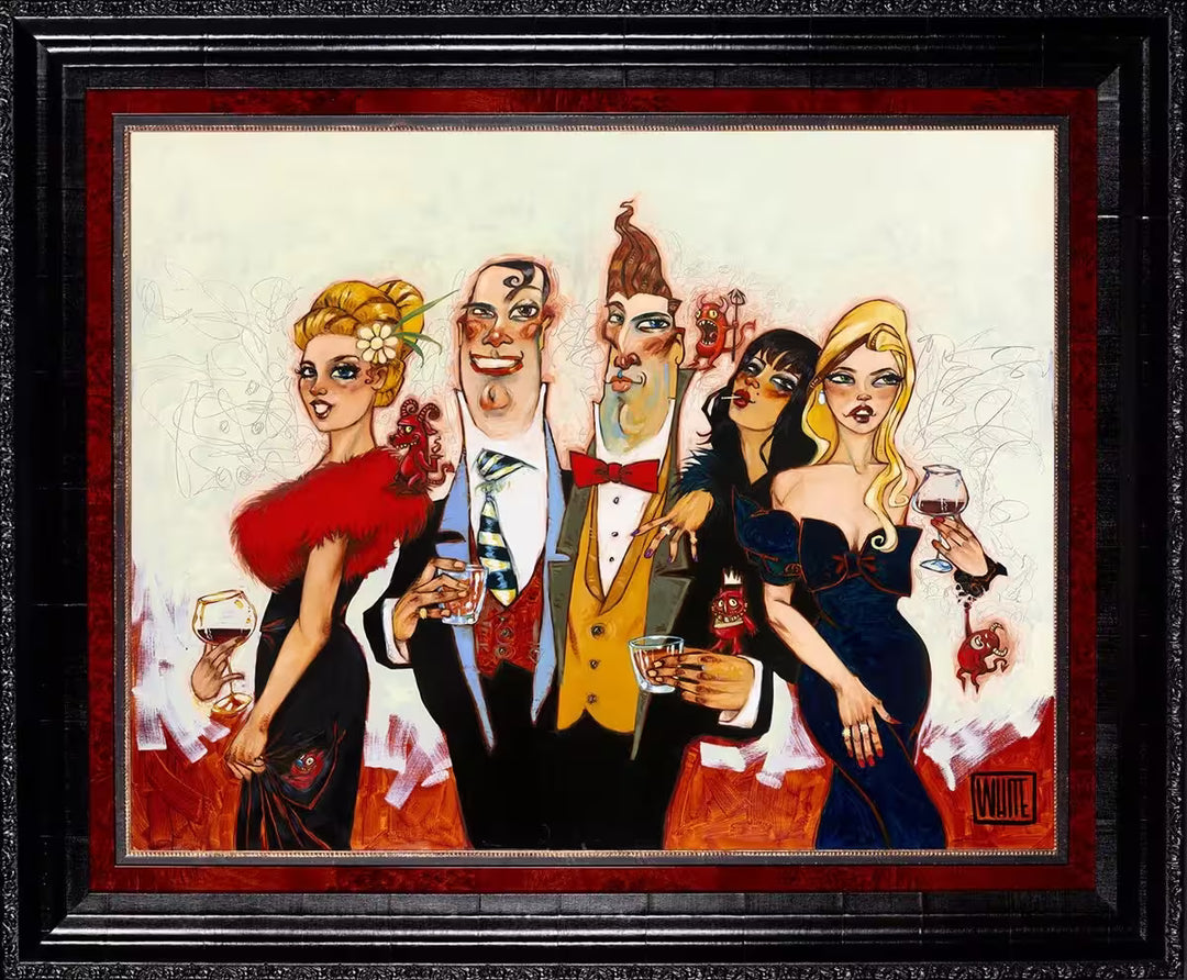 A Todd White framed limited edition of well dressed men and women with cartoon devils climbing over them, the title is Same Hell Different Devils