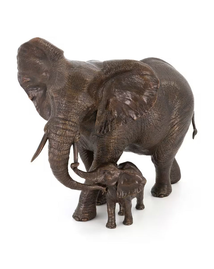 Bronze sculpture of an elephant and its calf on a white background, Savannah Dawn by Dean Kendrick