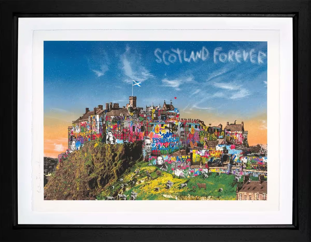 A Mr Brainwash framed limited edition of a Scottish castle that has been graffitied in front of a sunset, the title is Scotland Forever