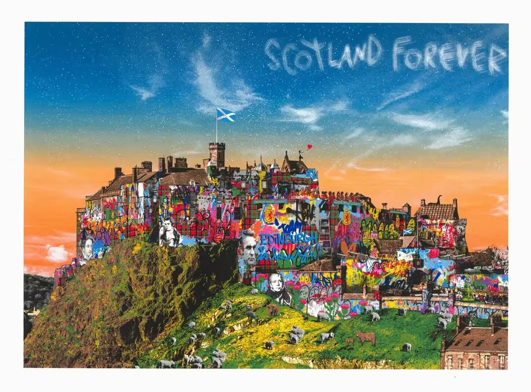 A Mr Brainwash limited edition of a Scottish castle that has been graffitied in front of a sunset, the title is Scotland Forever