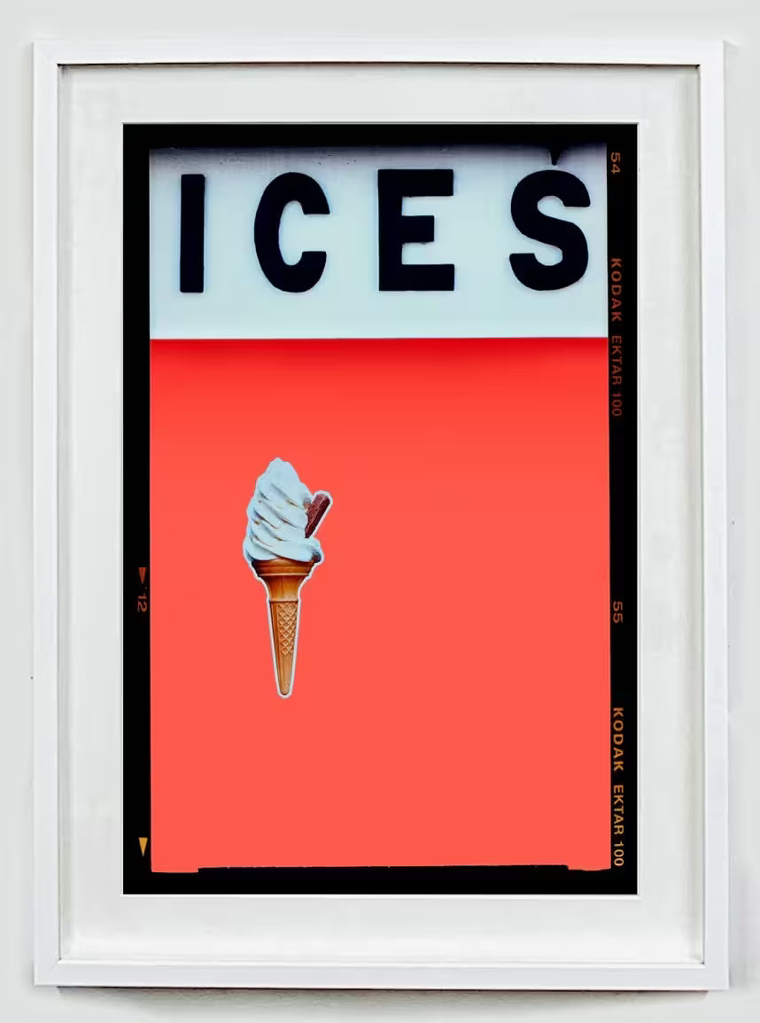 A white framed limited edition photograph by Richard Heeps using vibrant colours, the title is Ices (Melondrama)