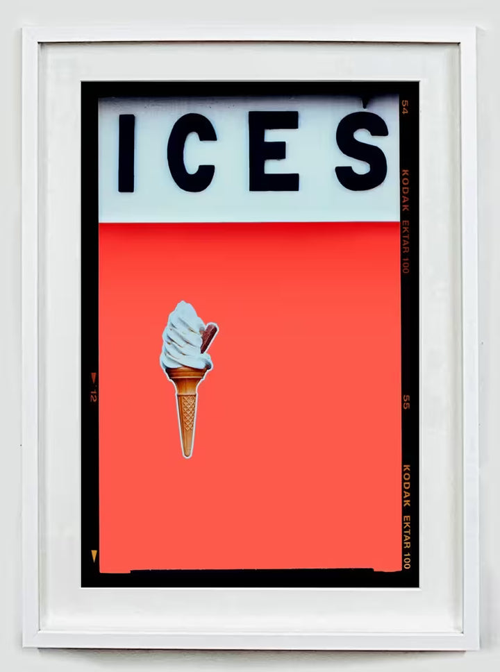 A white framed limited edition photograph by Richard Heeps using vibrant colours, the title is Ices (Melondrama)