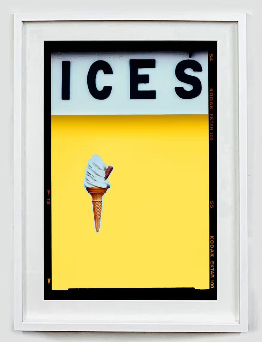 A white framed limited edition photograph by Richard Heeps using vibrant colours, the title is Ices (Sherbert Yellow)