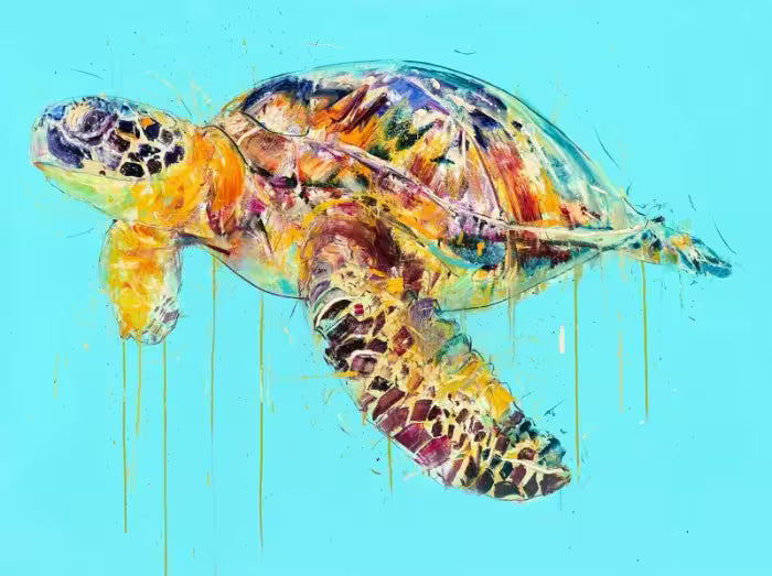 A Dave White limited edition of a Sea Turtle against a blue background, the title is Sea Turtle