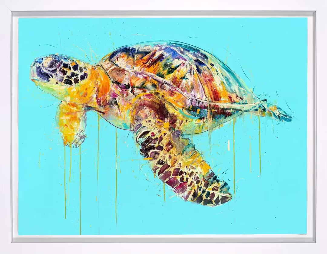A Dave White limited edition of a Sea Turtle against a blue background, the title is Sea Turtle