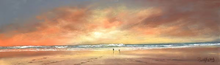 A Philip Gray original of a bright orange sunset in front of a beach with the tide coming in, the title is Seaside Storm III