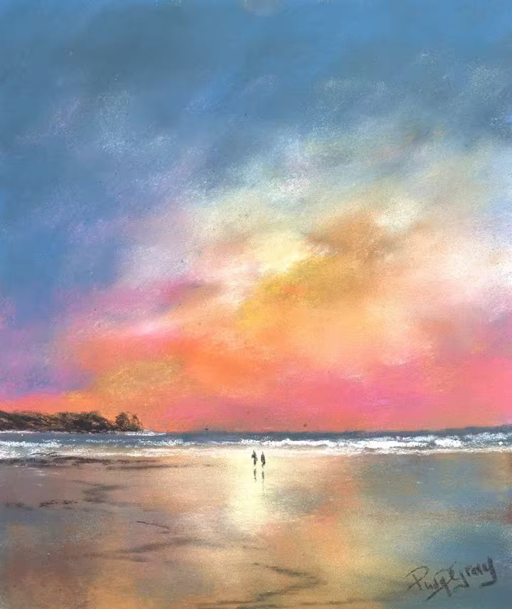 A Philip Gray original of a pink and orange sunset on a calm beach with two people walking, the title is Seaside Storm IV