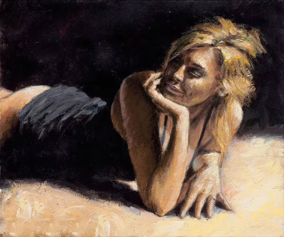A Fabian Perez limited edition of a blonde woman laying on a bed, the title is Second Blomde