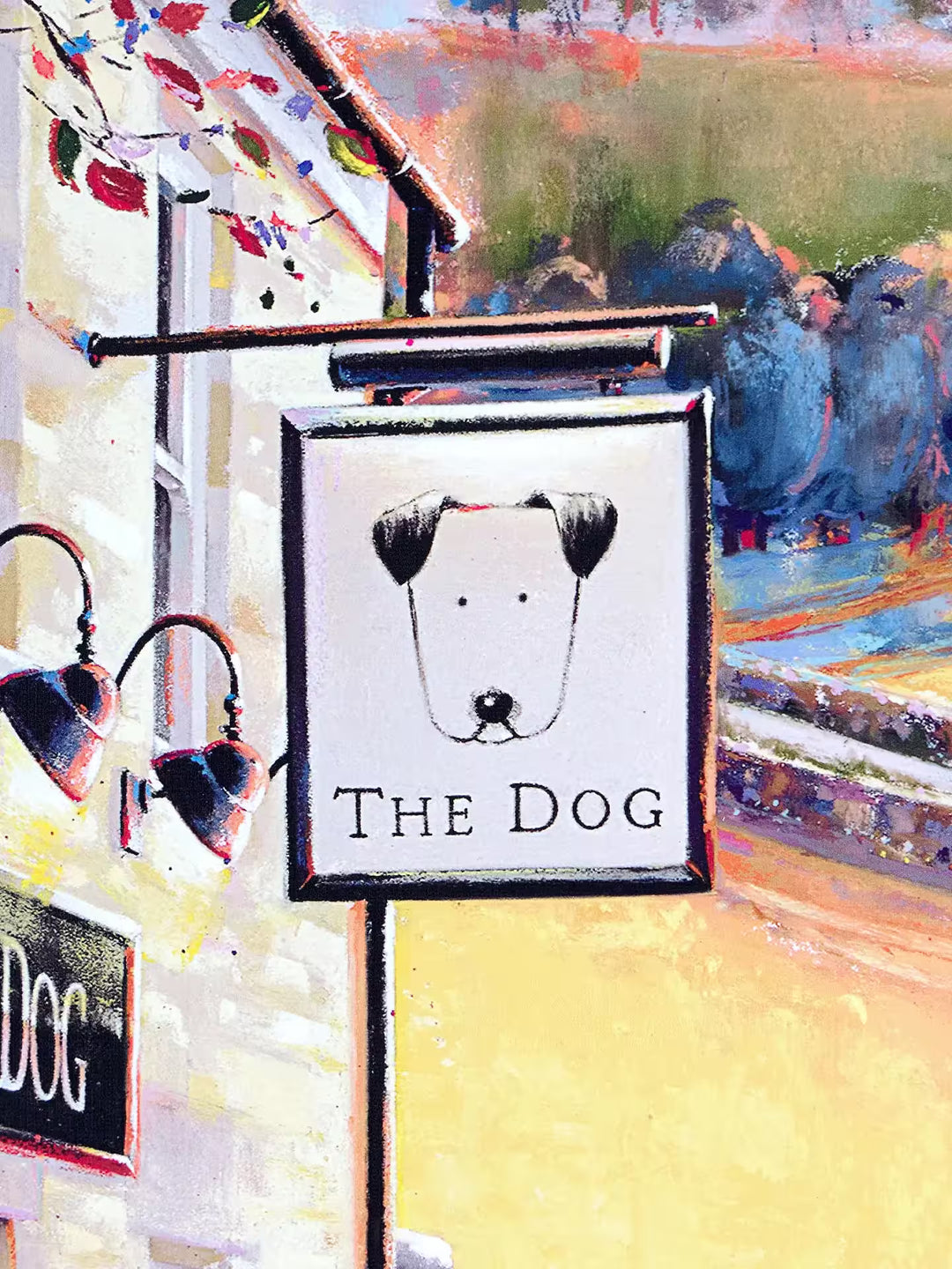 A Doug Hyde limited edition of two people walking into a pub and a dog ahead, the title is See a Man About a Dog