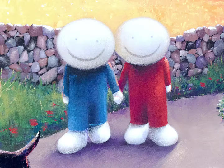 A Doug Hyde limited edition of two people walking into a pub and a dog ahead, the title is See a Man About a Dog