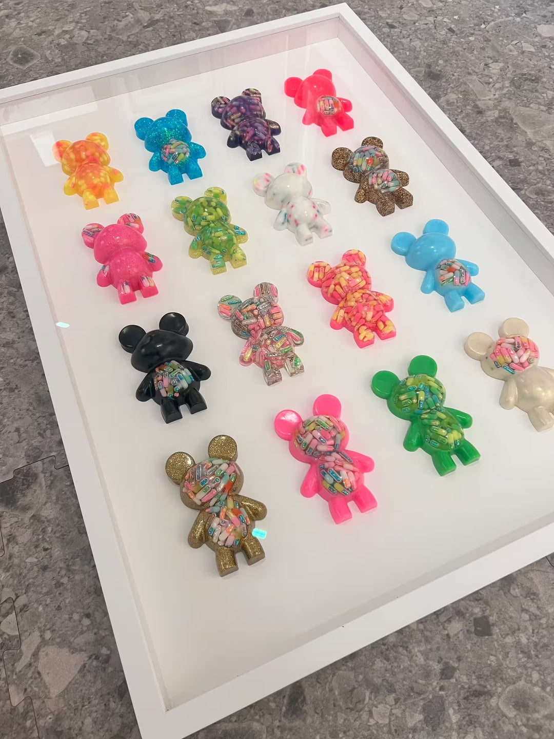 An Emma Gibbons original mixed media piece, the title is Self-Care Bears (16)