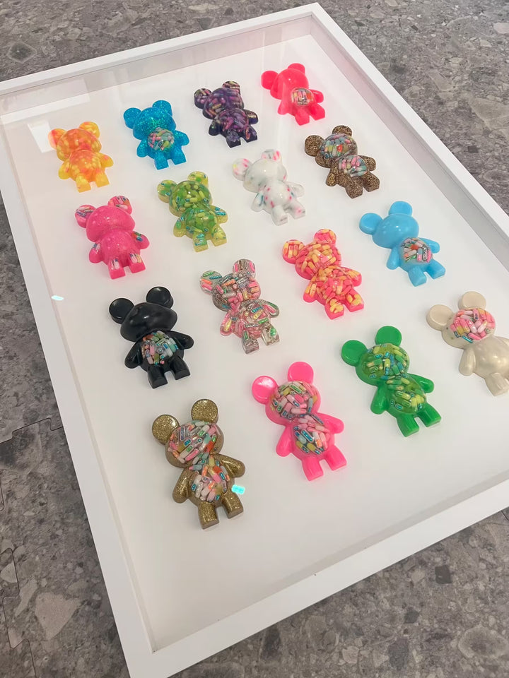 An Emma Gibbons original mixed media piece, the title is Self-Care Bears (16)