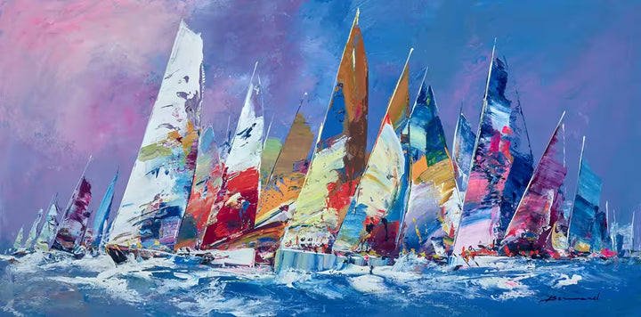 Colorful sailboats racing on a blue sky background, Serenity on the Sea II by Bernard