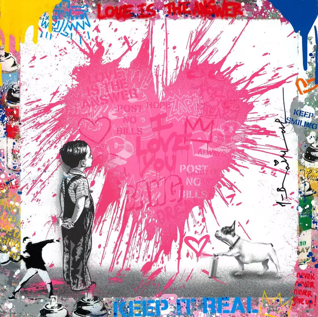 A Mr Brainwash original of a young boy and dog spray painting a pink splattered heart on a wall, the title is Share The Love