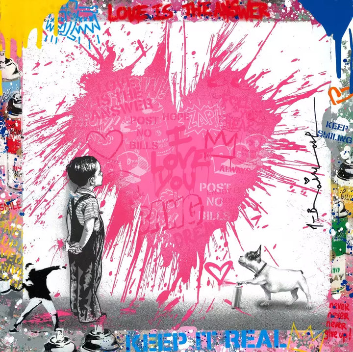 A Mr Brainwash original of a young boy and dog spray painting a pink splattered heart on a wall, the title is Share The Love