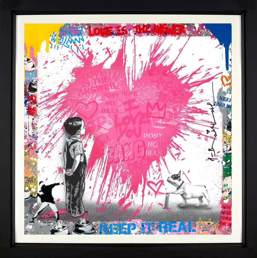 A Mr Brainwash framed original of a young boy and dog spray painting a pink splattered heart on a wall, the title is Share The Love