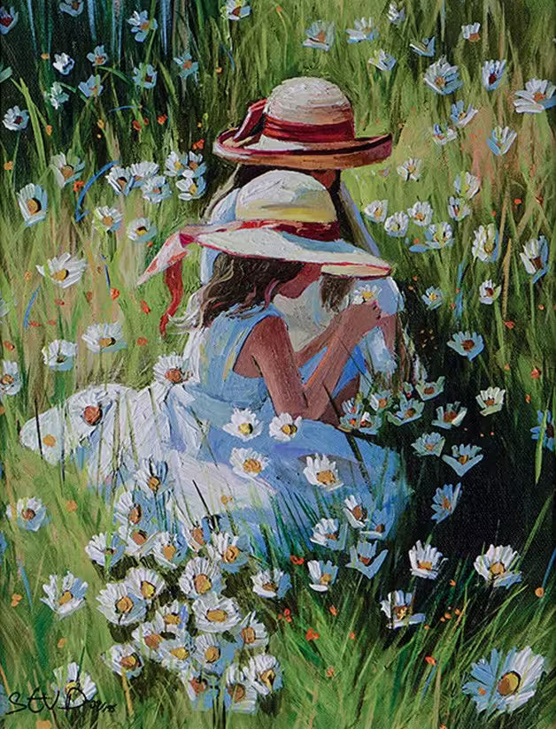A Sherree Valentine Daines limited edition of two girls in summer dresses and hats picking daisies, the title is Shared Secrets