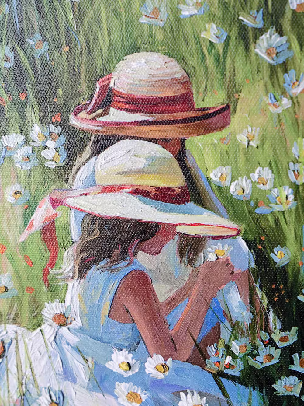 A Sherree Valentine Daines limited edition of two girls in summer dresses and hats picking daisies, the title is Shared Secrets