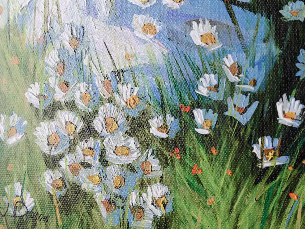 A Sherree Valentine Daines limited edition of two girls in summer dresses and hats picking daisies, the title is Shared Secrets