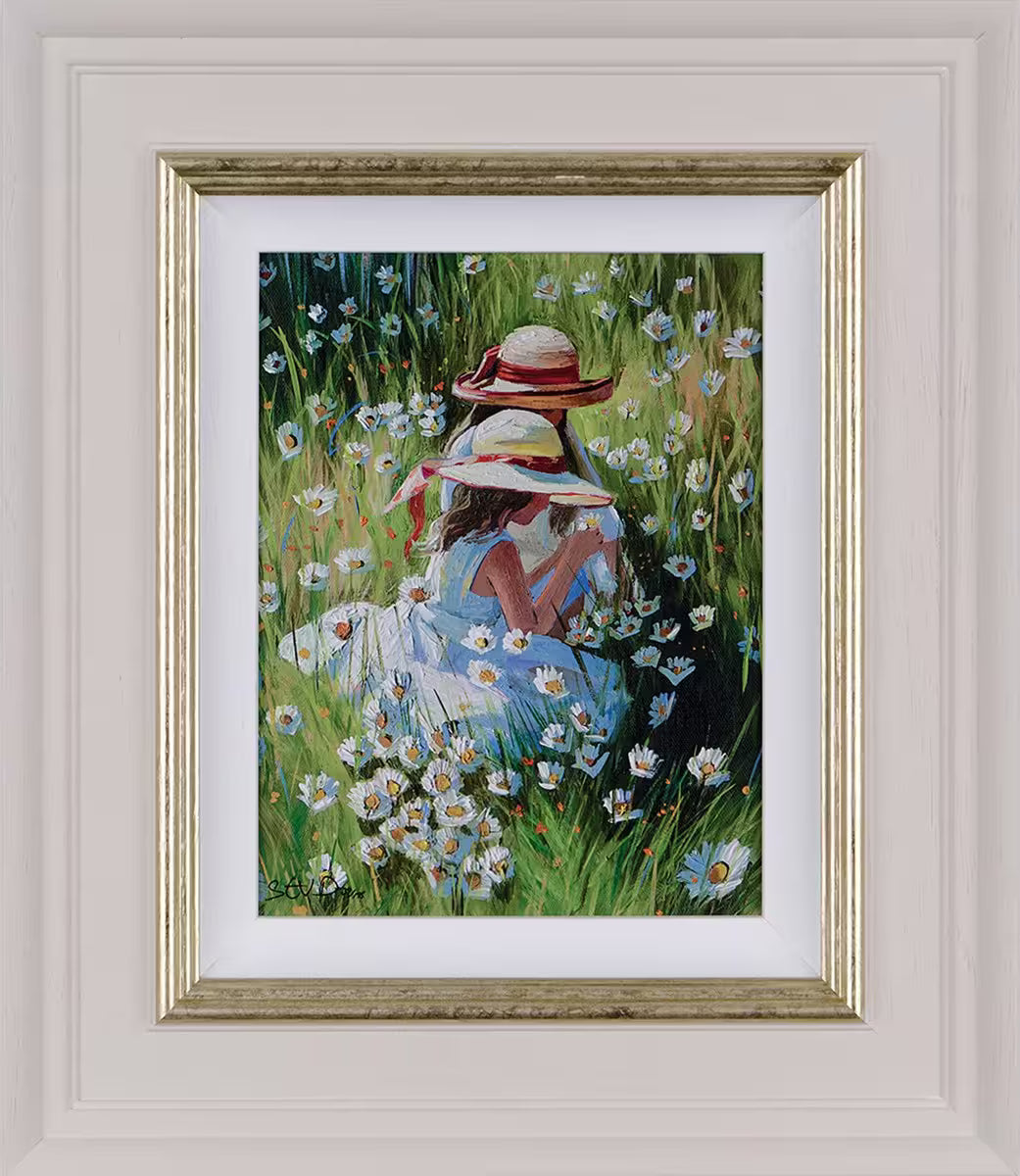 A Sherree Valentine Daines framed limited edition of two girls in summer dresses and hats picking daisies, the title is Shared Secrets