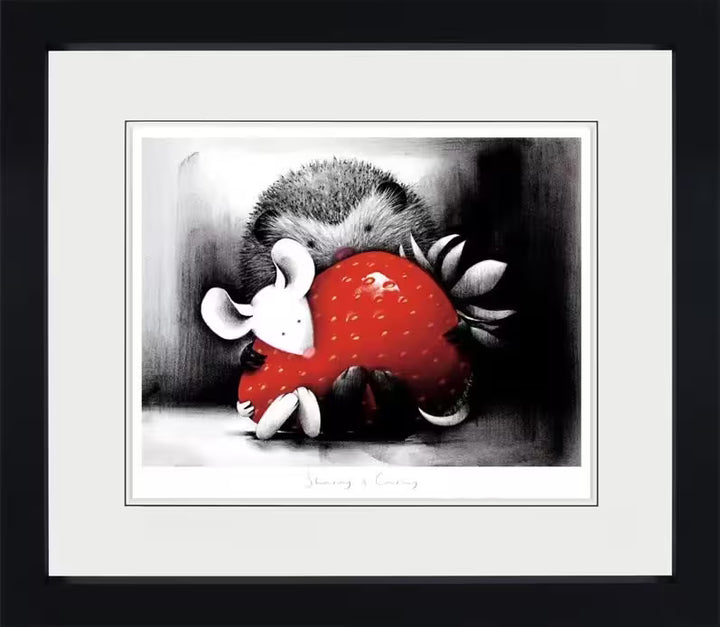 A Doug Hyde framed limited edition print of a hedgehog and mouse sat with a big strawberry on their laps, the title is Sharing is Caring