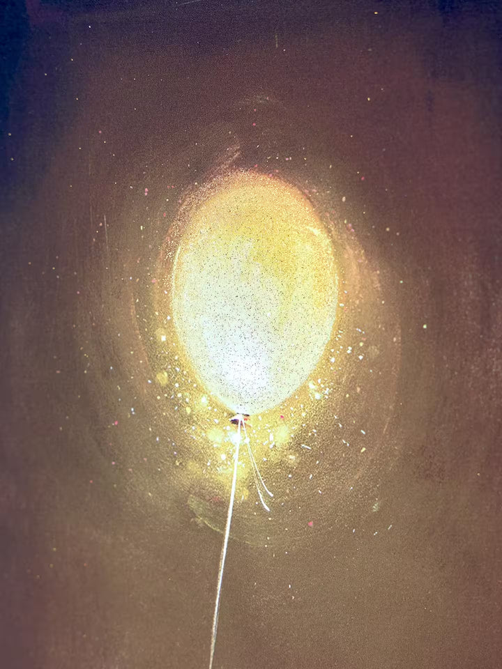 A Doug Hyde limited edition of a person holding a glowing gold balloon, the title is Shine Bright