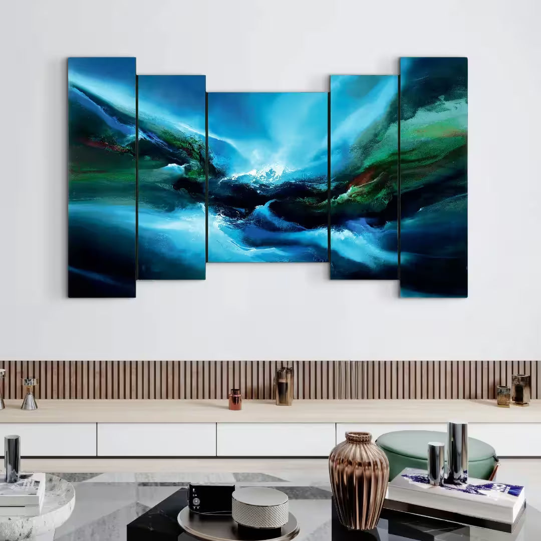 Shifting Realms by Simon Kenny multi-panel contemporary abstract in a modern living room 