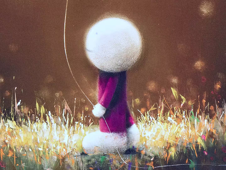 A Doug Hyde limited edition of a person holding a glowing gold balloon, the title is Shine Bright