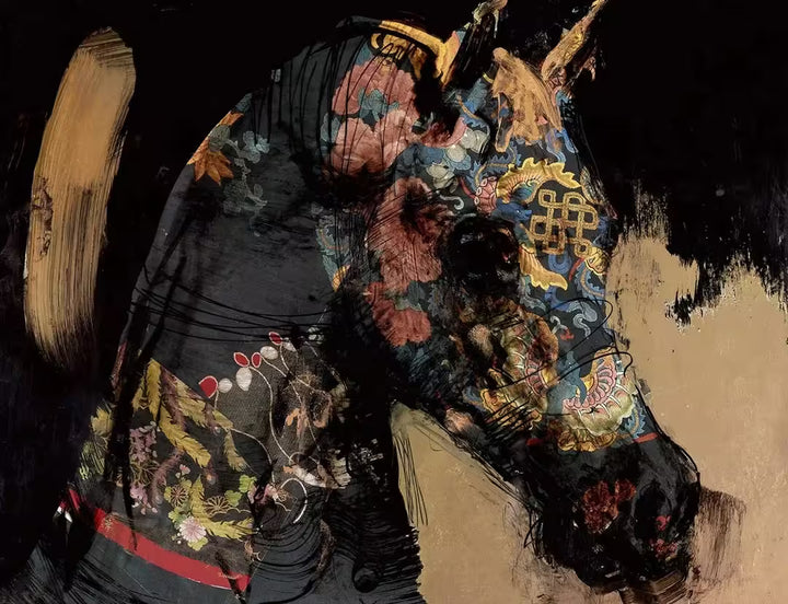 A limited edition piece by Christian Hook of a horses head with gold and blue embellishments on it's face, the title is Shinme- Kaouru