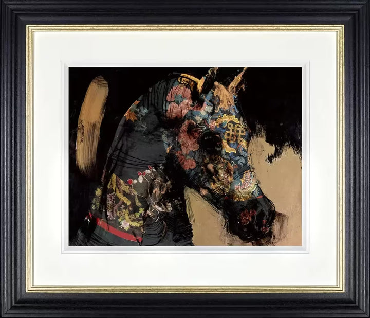 A framed limited edition piece by Christian Hook of a horses head with gold and blue embellishments on it's face, the title is Shinme- Kaouru