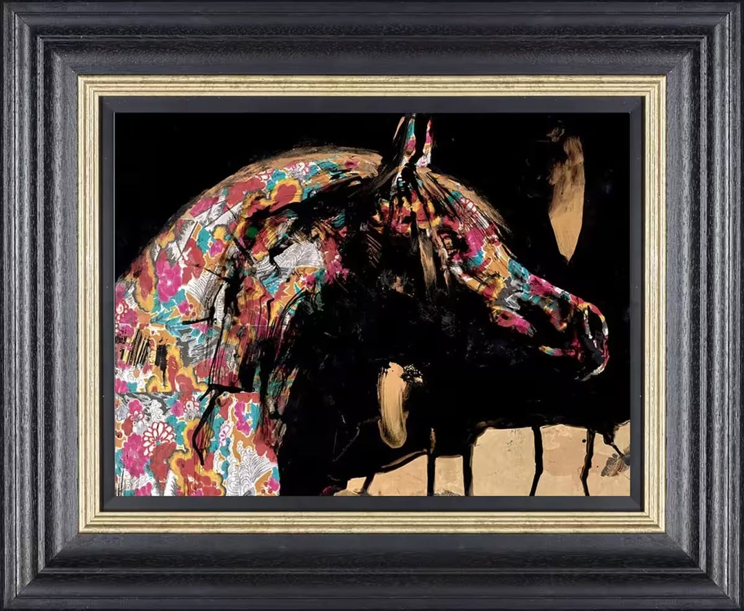 A framed limited edition piece by Christian Hook of a horses head covered in a bright pattern against a black background, the title is Shinme- Tama