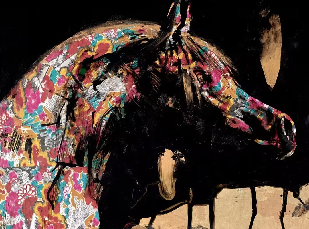 A limited edition piece by Christian Hook of a horses head covered in a bright pattern against a black background, the title is Shinme- Tama