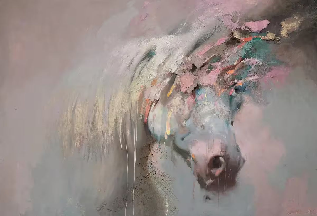 A limited edition piece by Christian Hook of a horses head and it's eyes are covered by thick colourful paint, the title is Shinme- Visions
