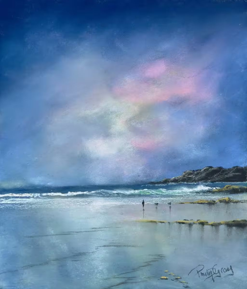 A Philip Gray original of a purple dusky sky and the tide coming into the beach with a person walking a couple dogs, the title is Shoreline Stroll