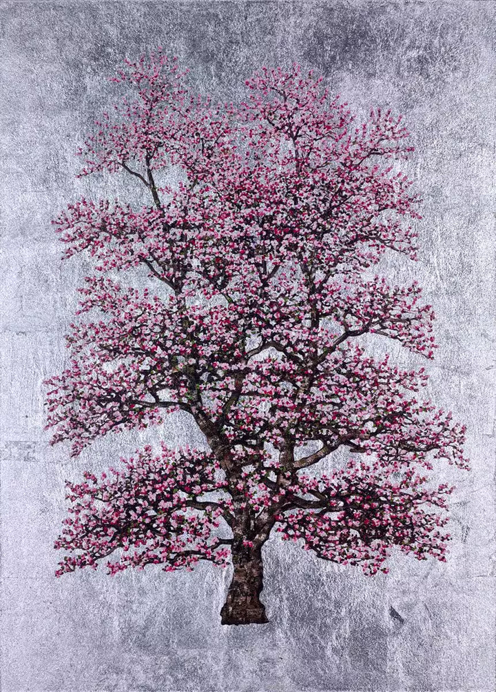 A Jack Frame limited edition of a pink blossoming tree on a silver leaf background, the title is Silver Dawn