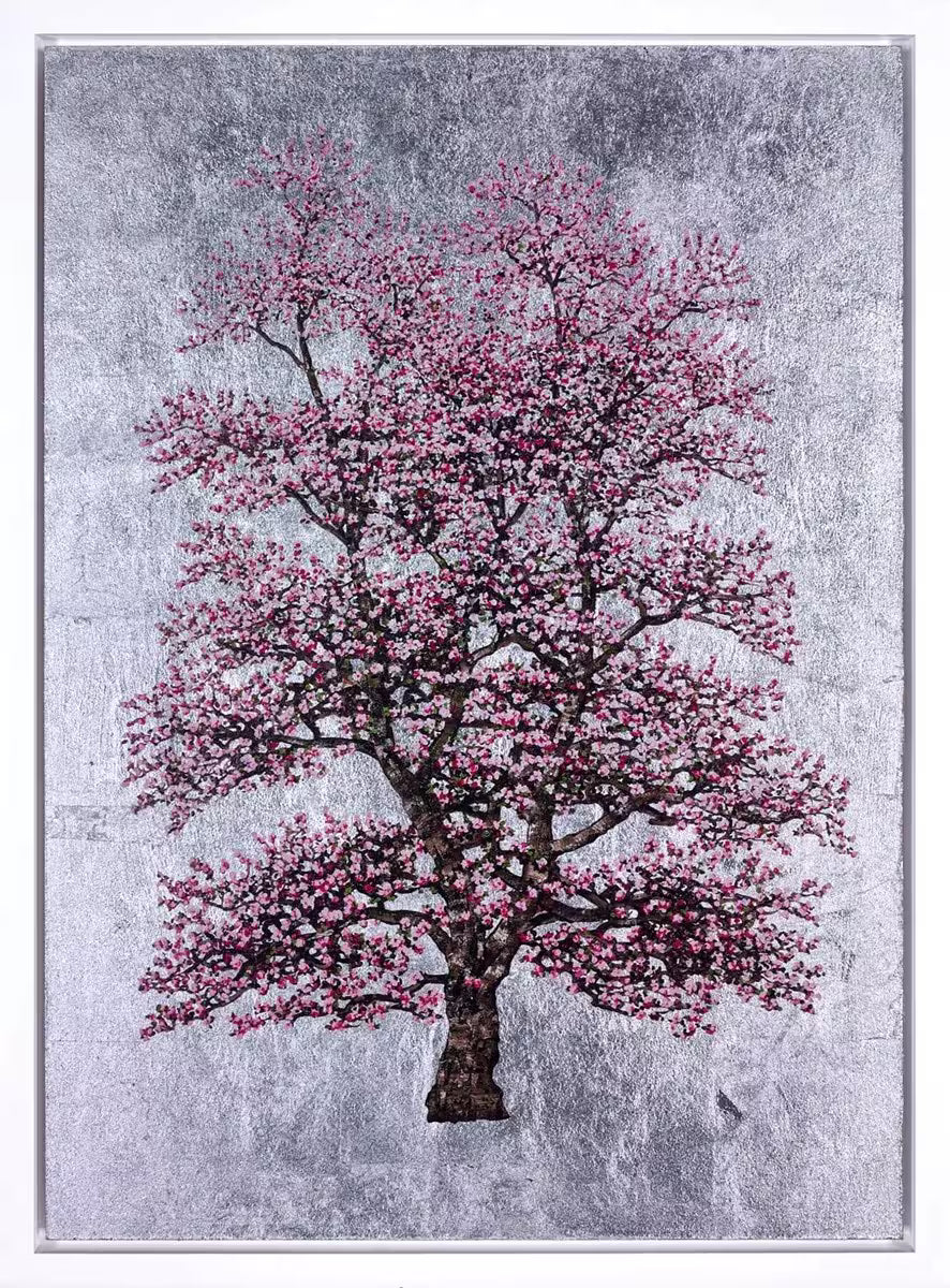 A Jack Frame limited edition of a pink blossoming tree on a silver leaf background, the title is Silver Dawn