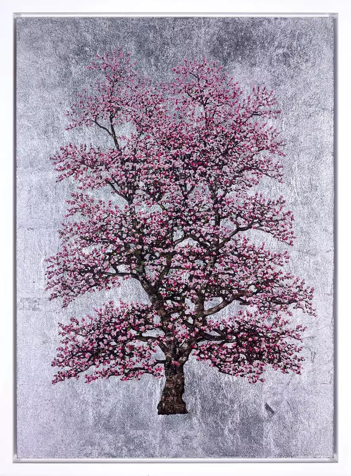 A Jack Frame limited edition of a pink blossoming tree on a silver leaf background, the title is Silver Dawn