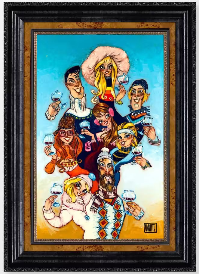 A Todd White framed limited edition piece of men and women in ski gear all holding wine glasses, the title is Ski Haus