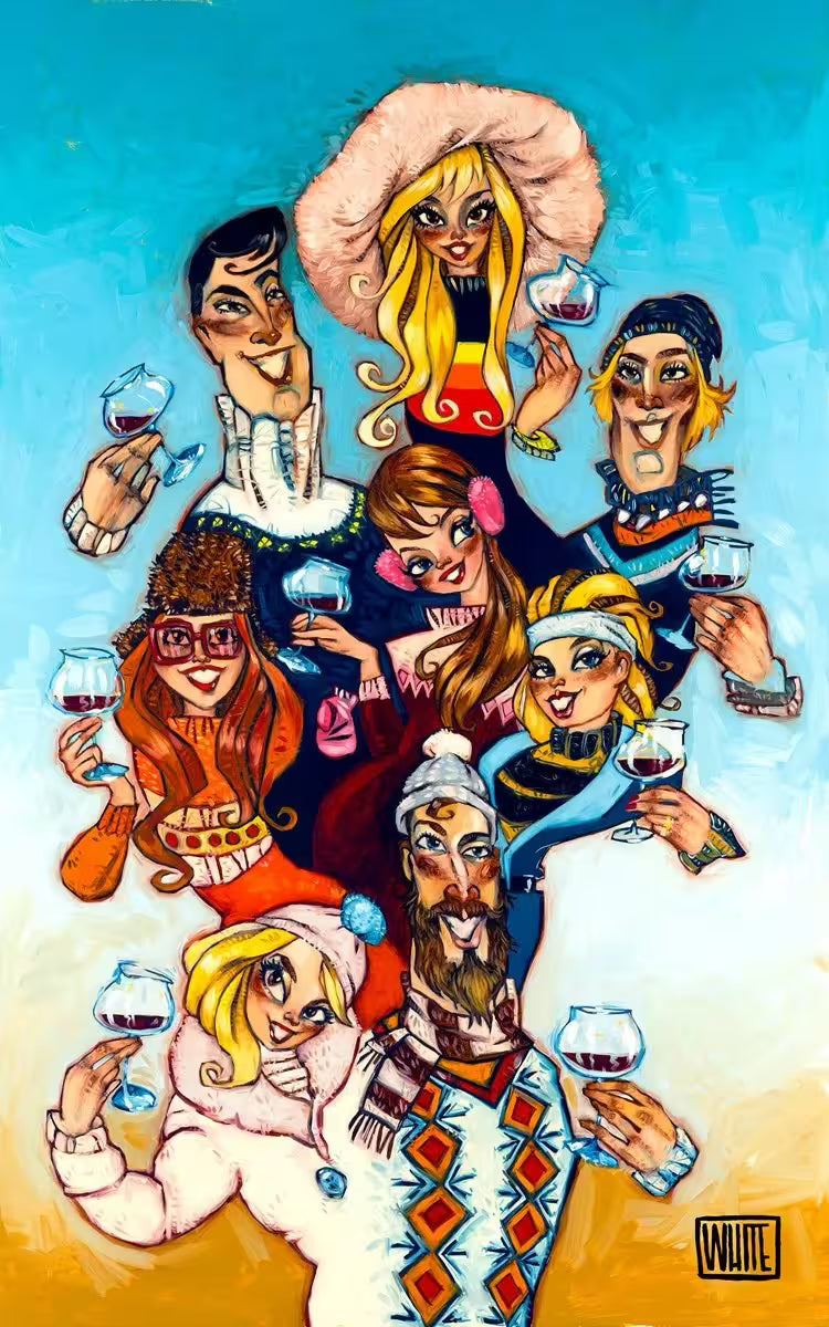 A Todd White limited edition piece of men and women in ski gear all holding wine glasses, the title is Ski Haus