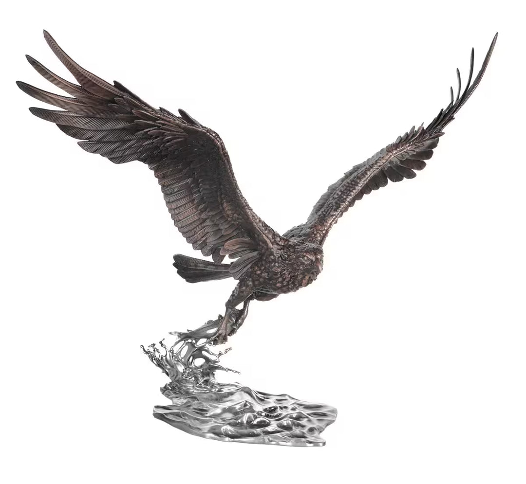 Bronze sculpture of an eagle in flight over water on a white background, Sky Bound by Dean Kendrick