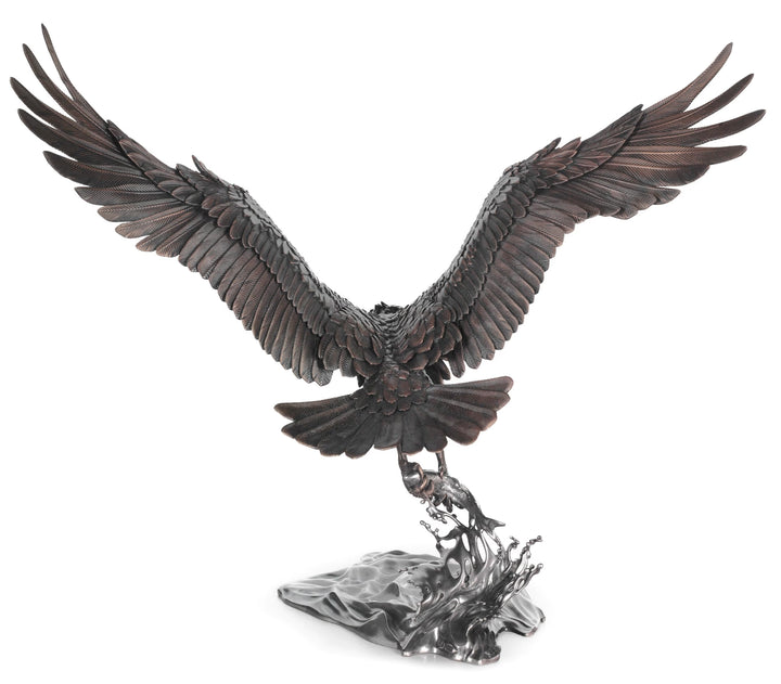 Bronze sculpture of an eagle with outstretched wings on a white background, Sky Bound by Dean Kendrick