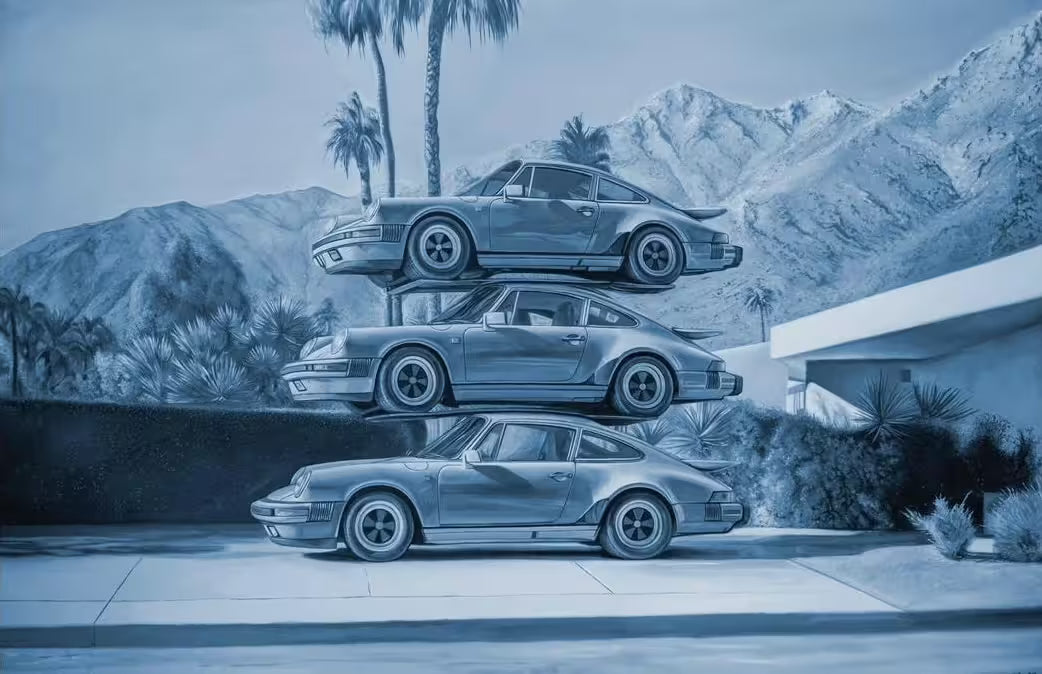 A James Rawson original of three cars stacked on top of one another, the title is Sky's The Limit
