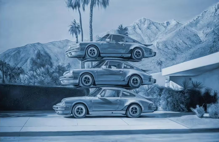 A James Rawson original of three cars stacked on top of one another, the title is Sky&