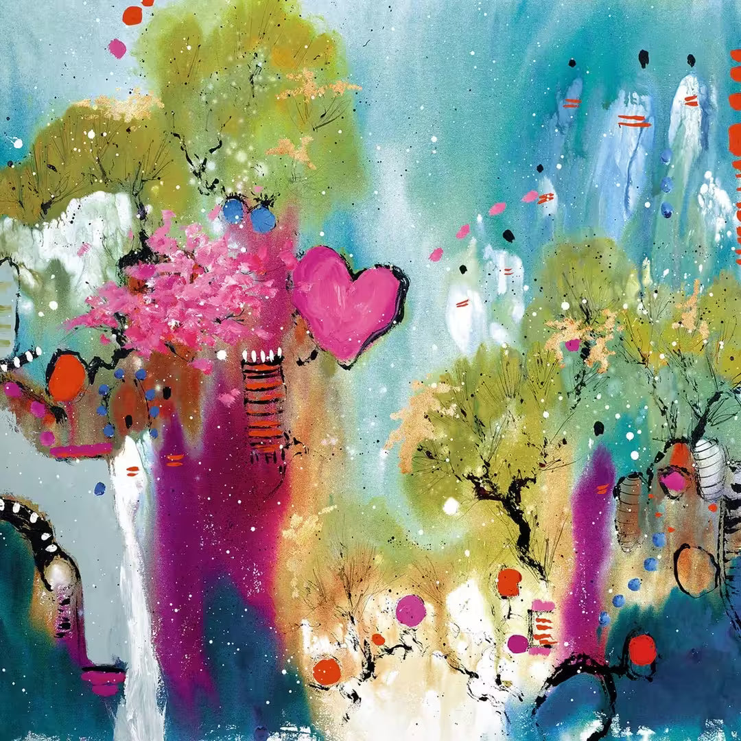 A Danielle O'Connor Akiyama limited edition of an abstract colourful view with trees and love hearts and lanterns, the title is Skyward